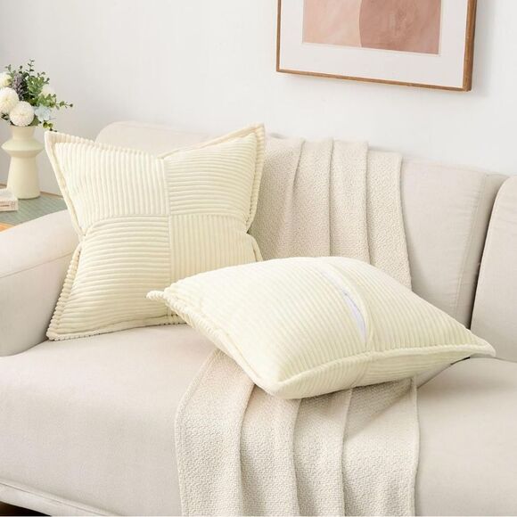 Throw Pillow Covers 14x14 Inch Set of 2,Soft Solid Corduroy Striped/Wide - Picture 2 of 4